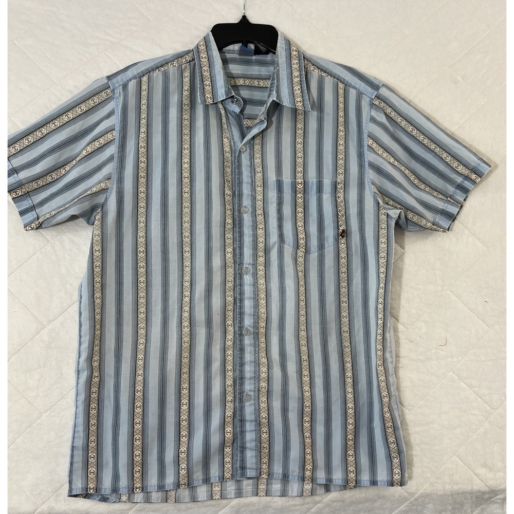 Men's OP brand vintage medium Blue Striped Button Collar Single Stitch Sleeve